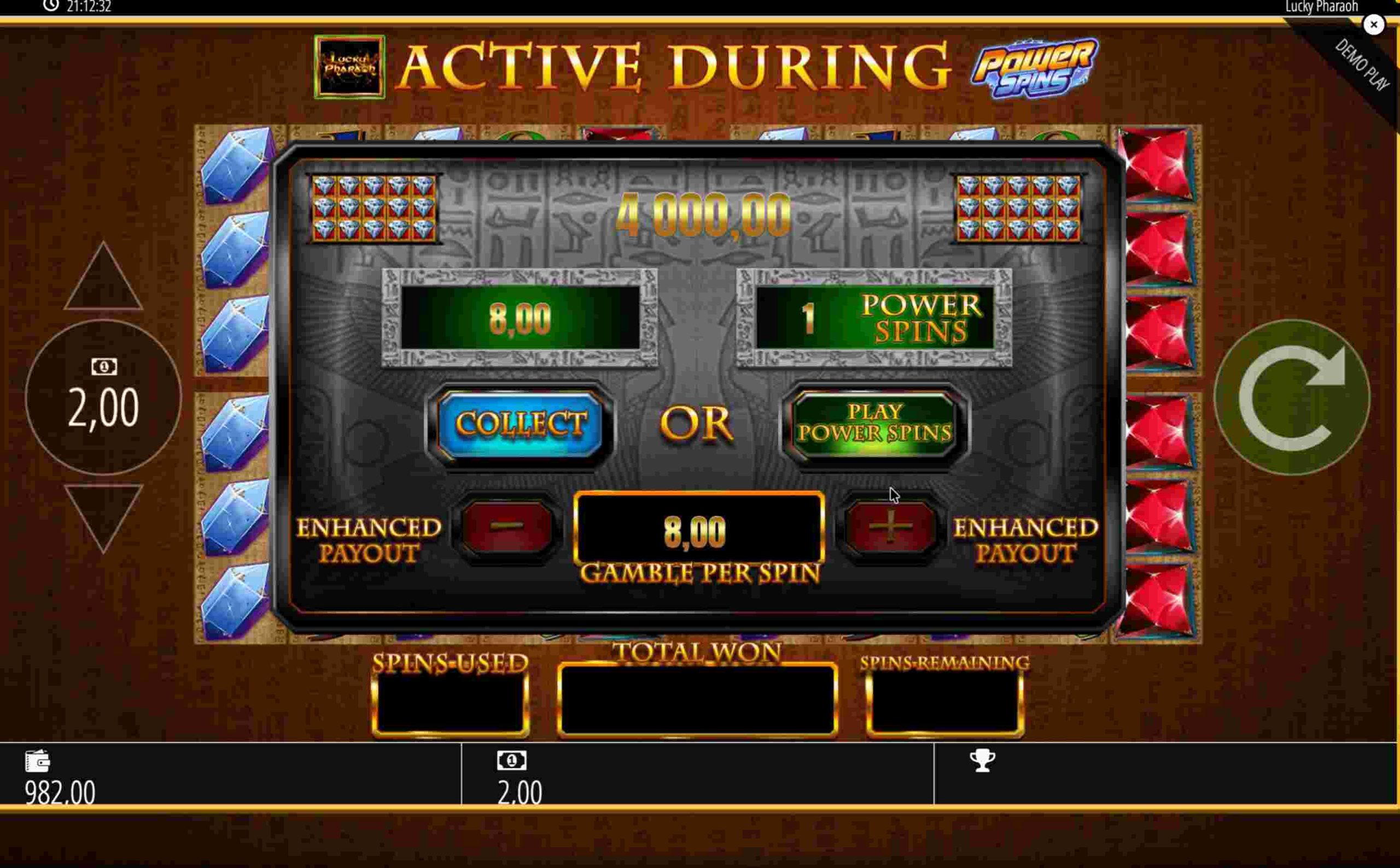 Lucky Pharaoh Auswahlbildschirm Collect oder Play Power Spins, Übergang in den Bonusmodus Lucky Pharaoh Auswahlbildschirm Collect oder Play Power Spins, Übergang in den Bonusmodus