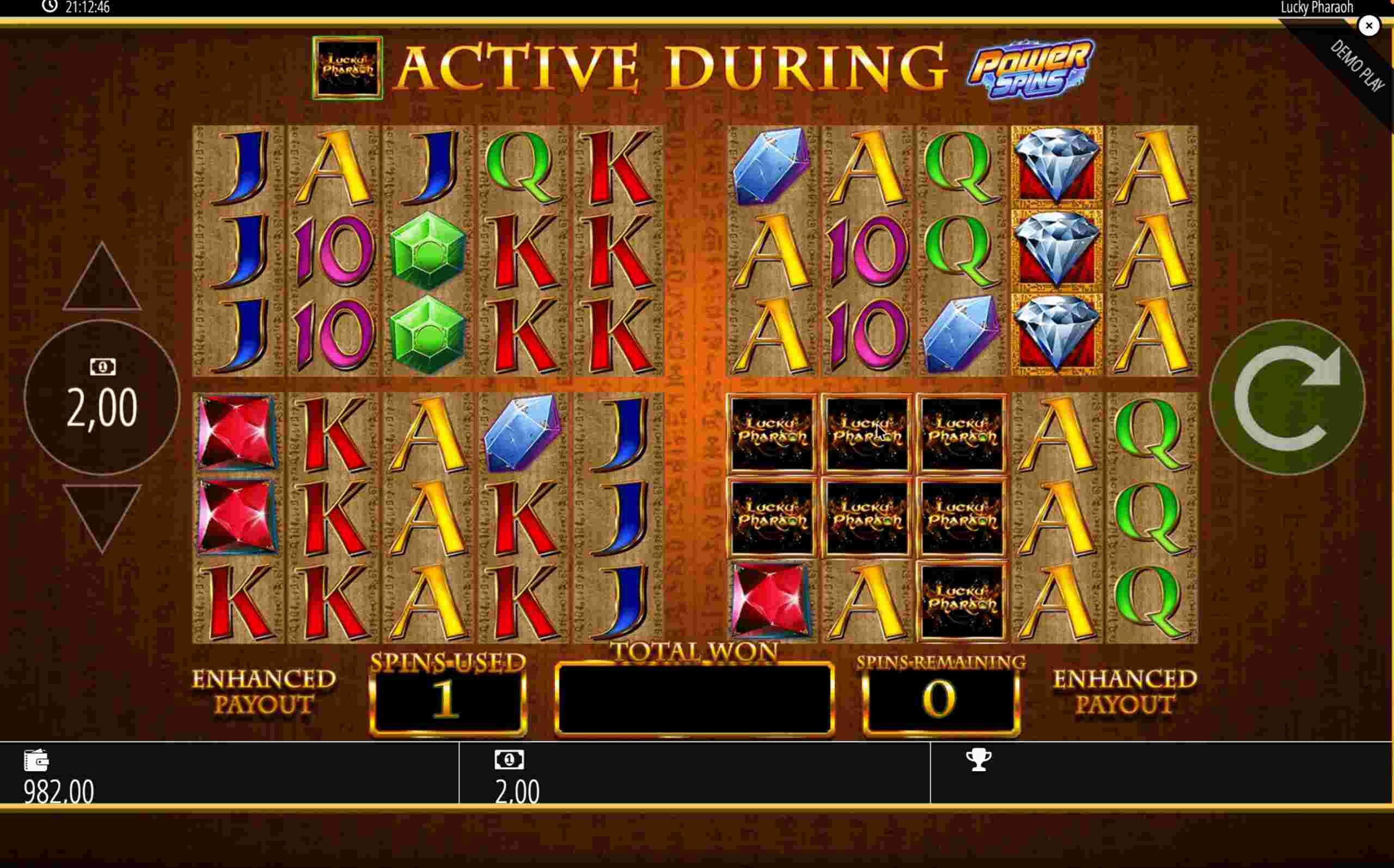 Lucky Pharaoh erster Power Spin, Mystery-Symbol Blue Gem, goldene Animation Lucky Pharaoh erster Power Spin, Mystery-Symbol Blue Gem, goldene Animation