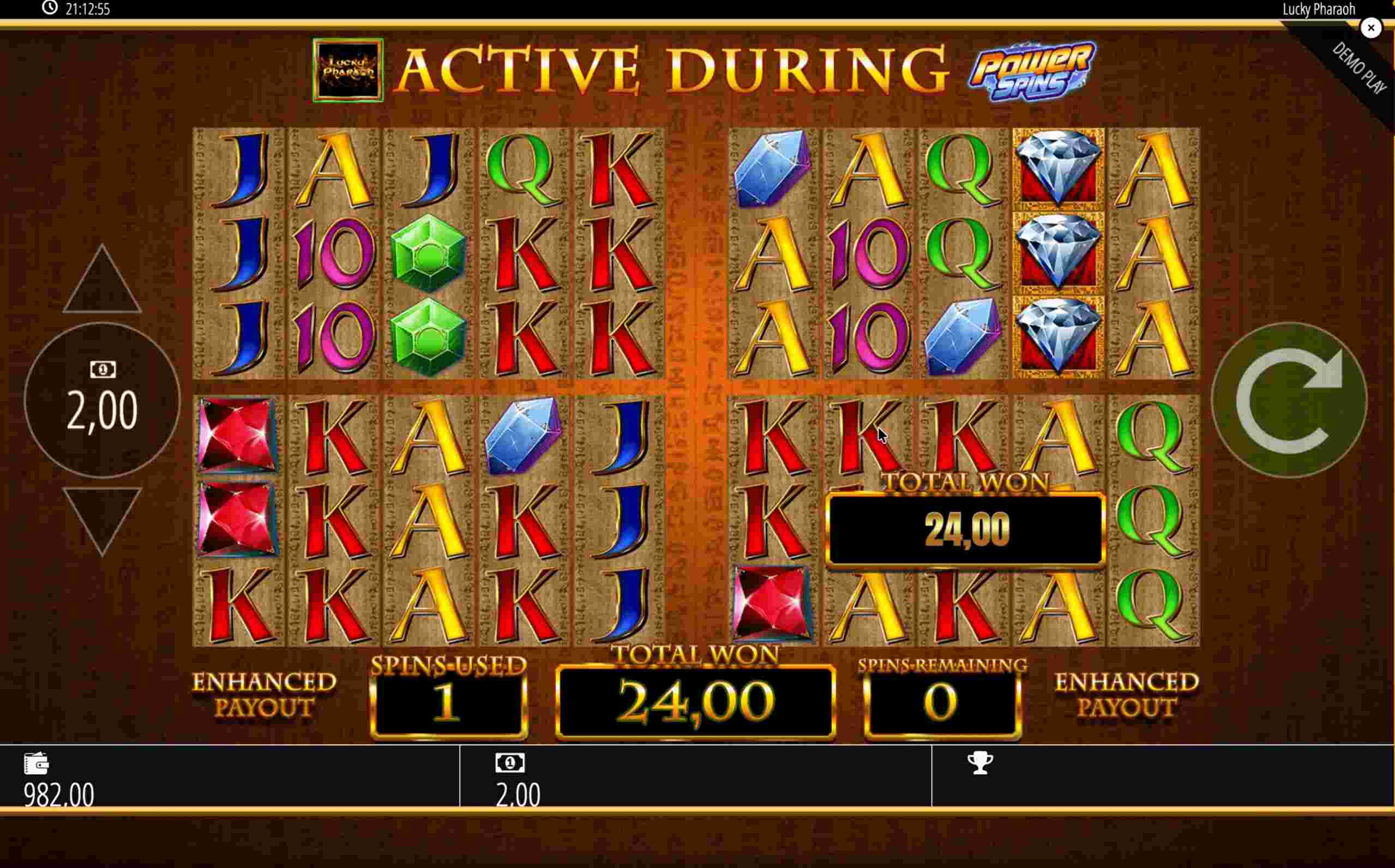 Lucky Pharaoh Ergebnis des ersten Power Spins – 24 €, Symbole K und Blue Gem Lucky Pharaoh Ergebnis des ersten Power Spins – 24 €, Symbole K und Blue Gem
