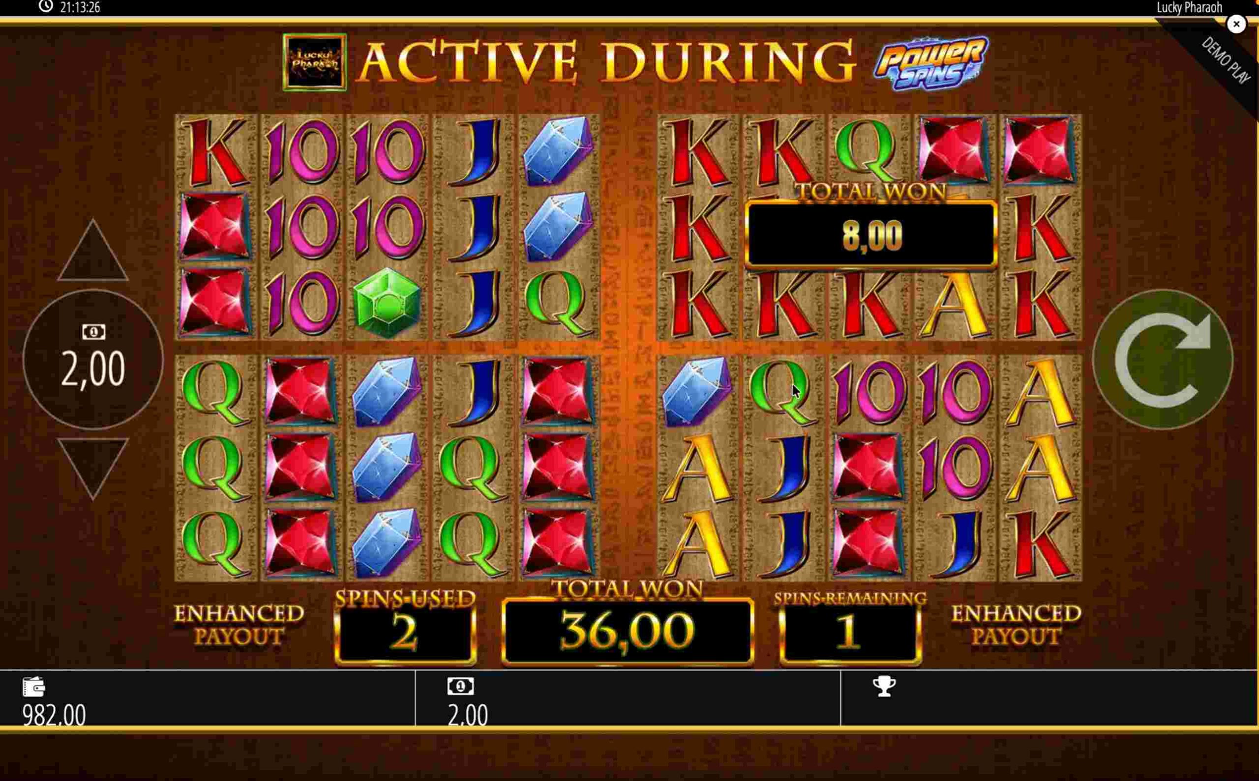 Lucky Pharaoh dritter Power Spin, Gewinn 36 €, Symbole K und 10 Lucky Pharaoh dritter Power Spin, Gewinn 36 €, Symbole K und 10