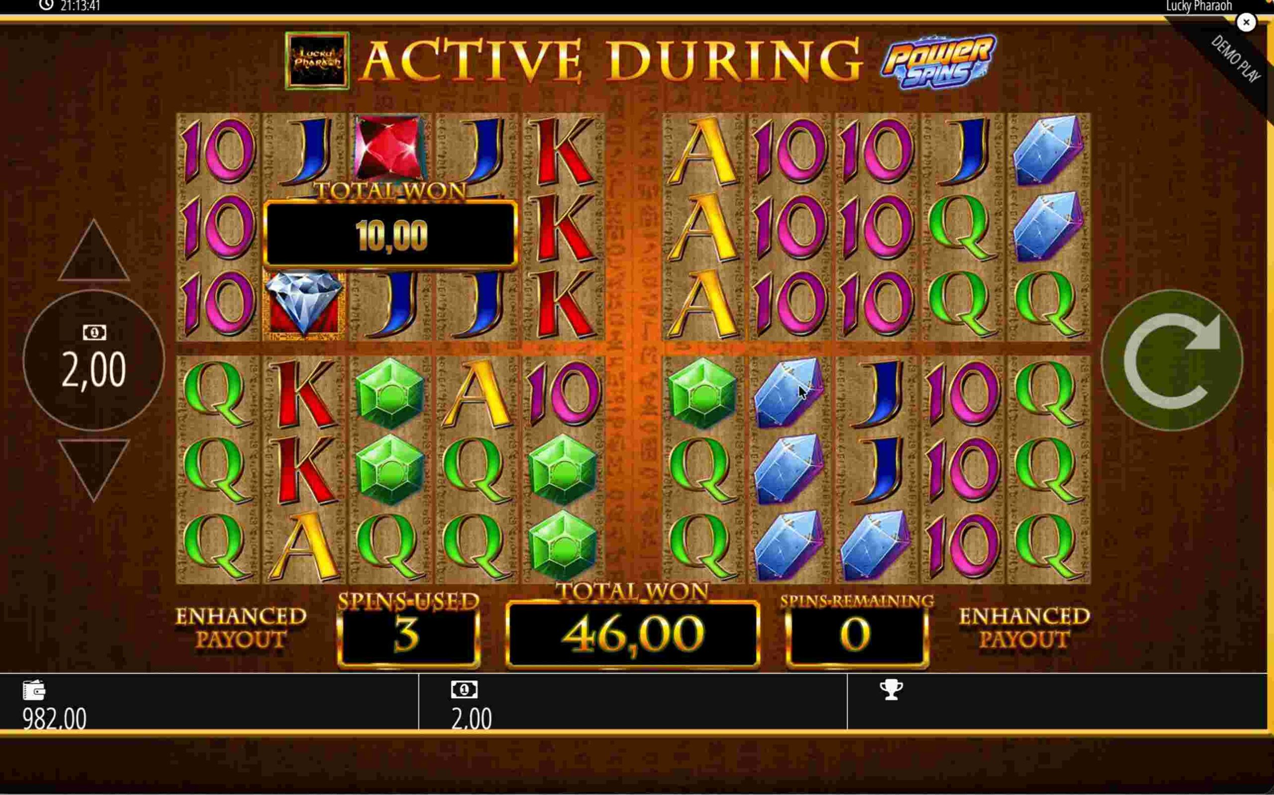 Lucky Pharaoh finaler Power Spin, Gesamtgewinn 46 €, Symbole Red Gem und Blue Gem Lucky Pharaoh finaler Power Spin, Gesamtgewinn 46 €, Symbole Red Gem und Blue Gem