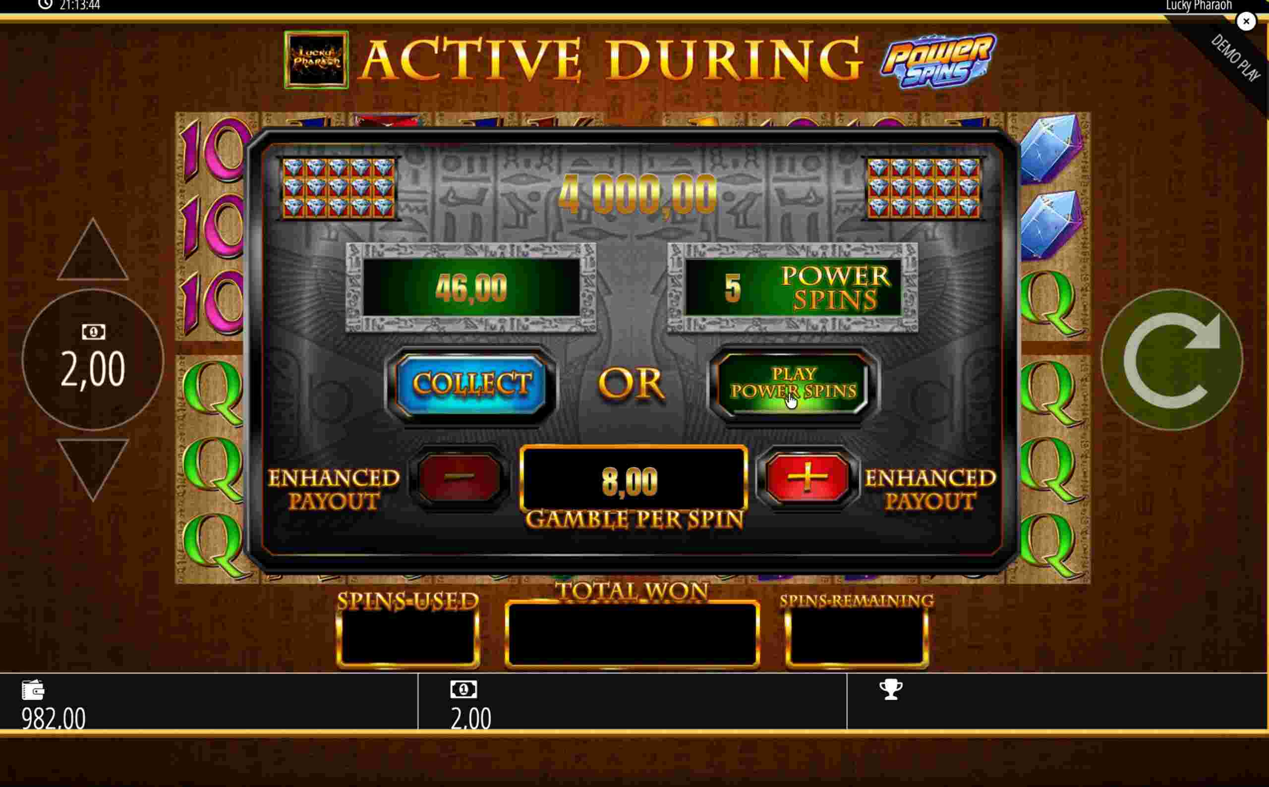Lucky Pharaoh Auswahlbildschirm mit 46 € oder 5 Power Spins, Spieler entscheidet sich für den Bonusmodus Lucky Pharaoh Auswahlbildschirm mit 46 € oder 5 Power Spins, Spieler entscheidet sich für den Bonusmodus