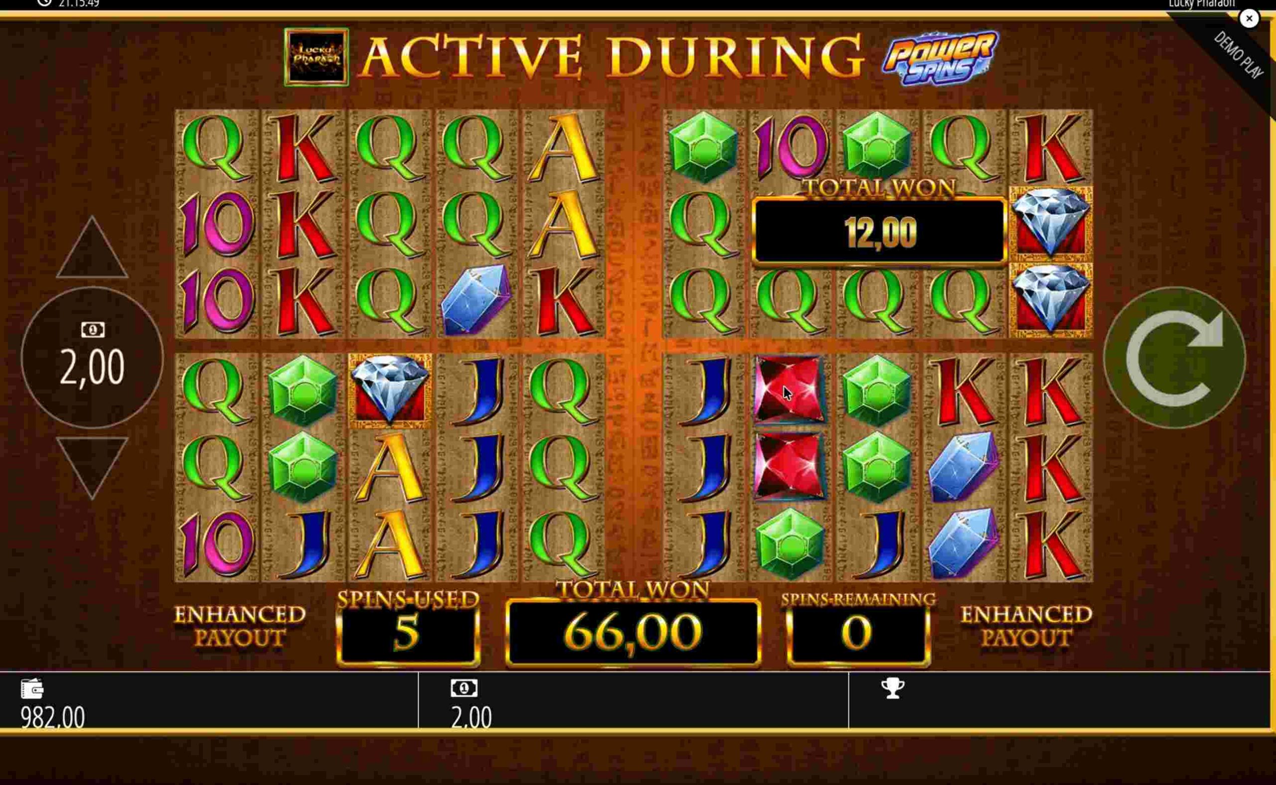 Lucky Pharaoh Power Spin Ende – Gesamtgewinn 66 €, Diamanten und K-Symbole auf den Walzen Lucky Pharaoh Power Spin Ende – Gesamtgewinn 66 €, Diamanten und K-Symbole auf den Walzen