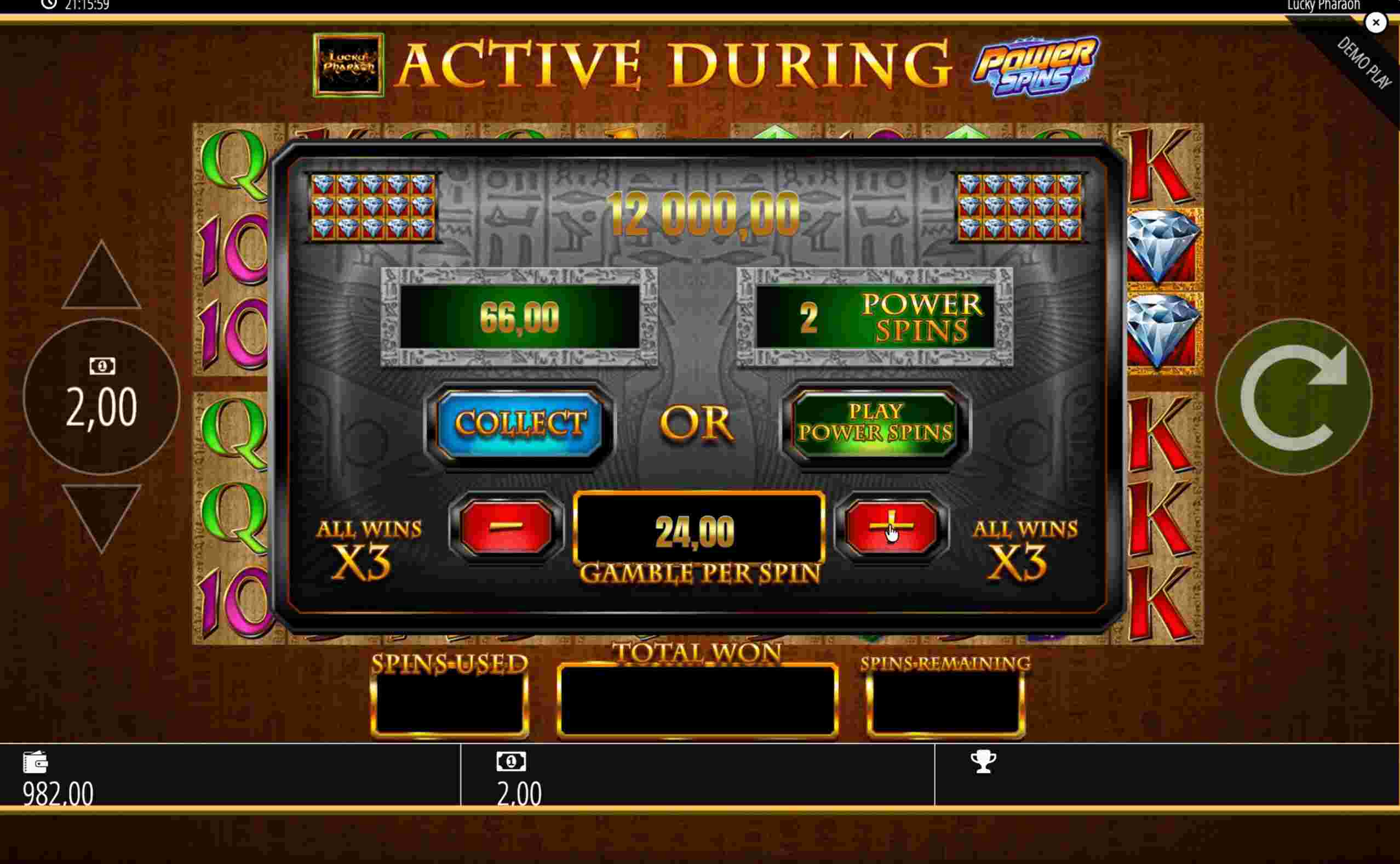 Lucky Pharaoh Bildschirm mit Collect-Option und Power Spins ×3, Spieler entscheidet sich für Risiko Lucky Pharaoh Bildschirm mit Collect-Option und Power Spins ×3, Spieler entscheidet sich für Risiko