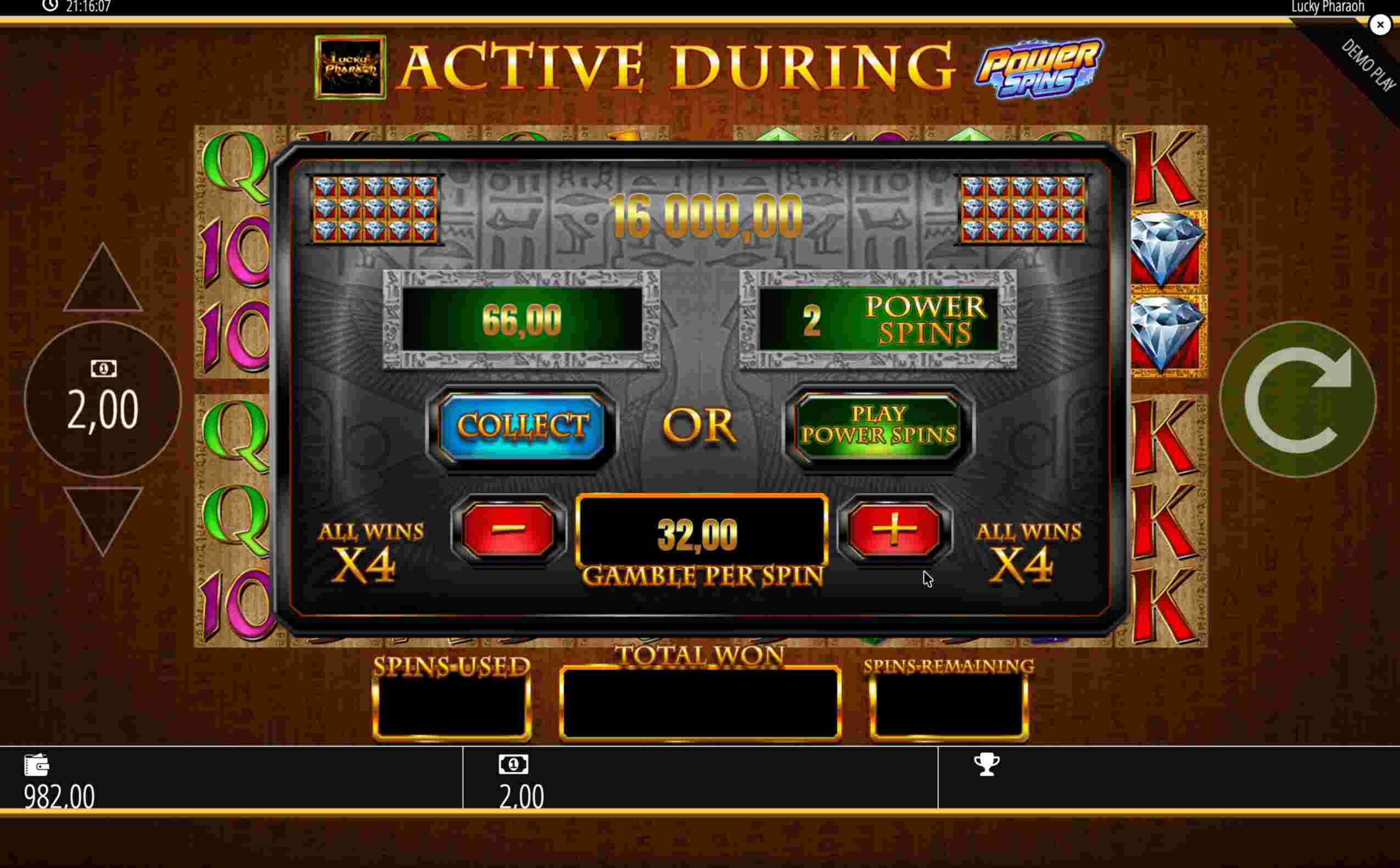 Lucky Pharaoh Power Spin Auswahl mit zwei Spins und ×4 Multiplikator Lucky Pharaoh Power Spin Auswahl mit zwei Spins und ×4 Multiplikator