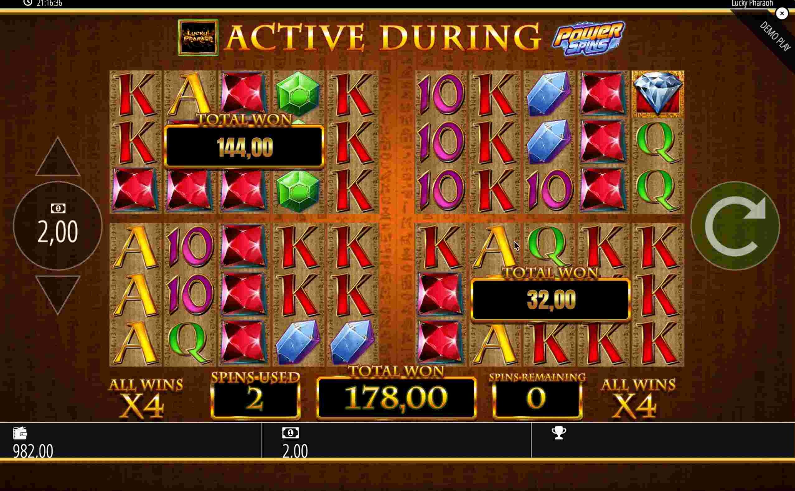 Lucky Pharaoh Ergebnisanzeige mit zwei Gewinnpanels, 144 € links und 32 € rechts, Gesamtsumme 178 € bei Multiplikator ×4 Lucky Pharaoh Ergebnisanzeige mit zwei Gewinnpanels, 144 € links und 32 € rechts, Gesamtsumme 178 € bei Multiplikator ×4
