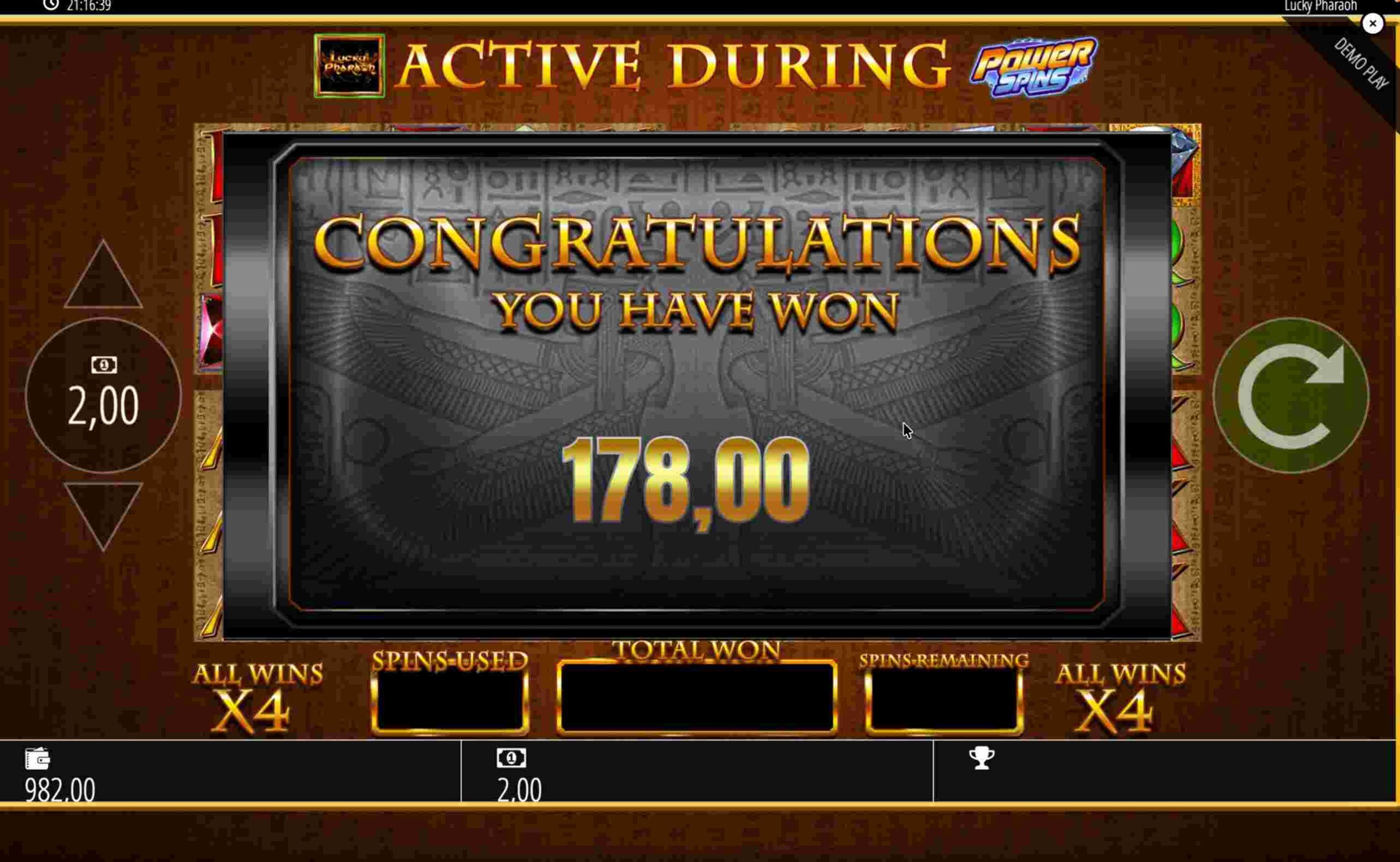 Lucky Pharaoh Siegesbildschirm – „Congratulations, You have won 178,00 €“ Lucky Pharaoh Siegesbildschirm – „Congratulations, You have won 178,00 €“