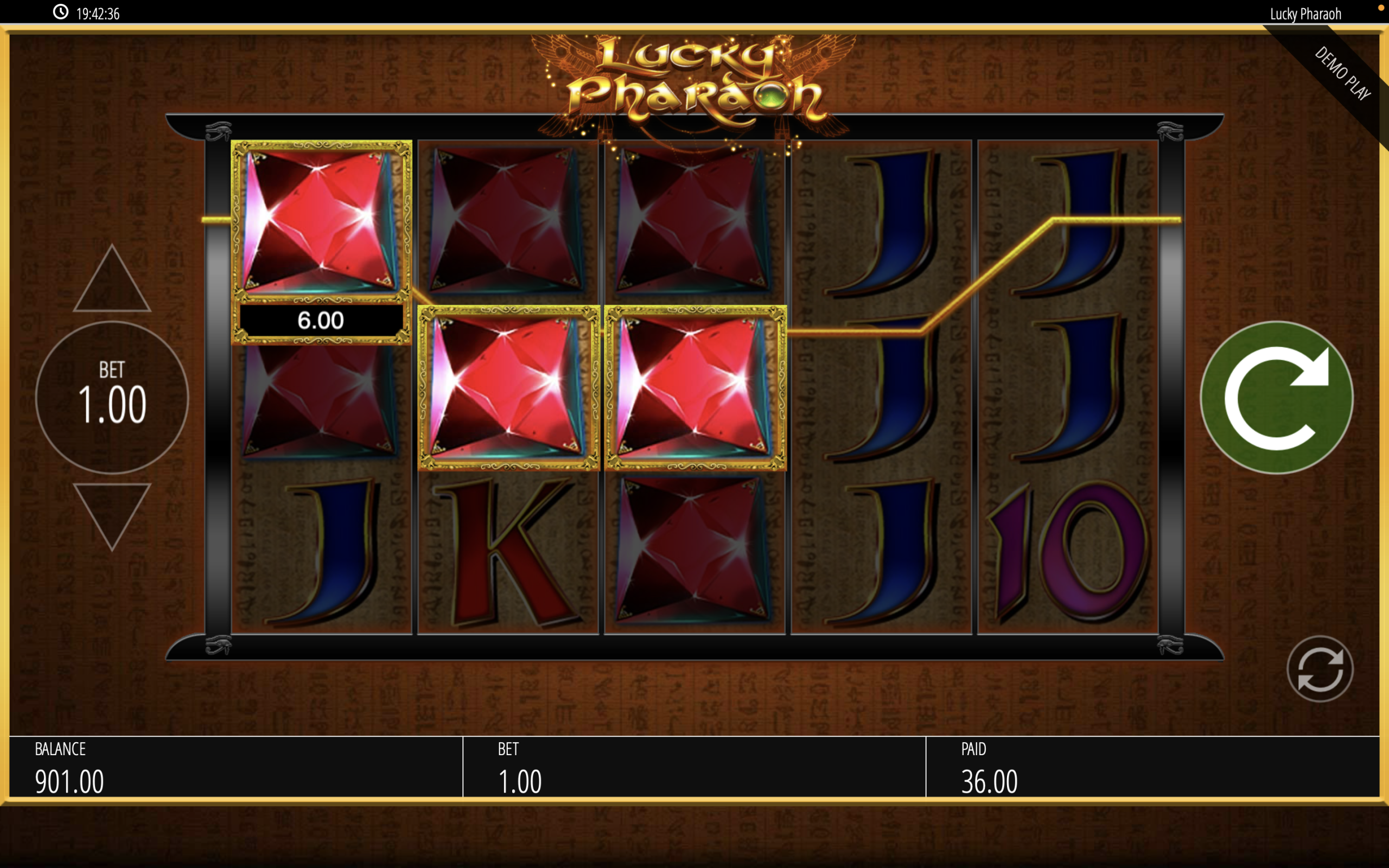 Rote Edelsteine lösen 36-€-Gewinn aus, Power-Spins-Angebot erscheint