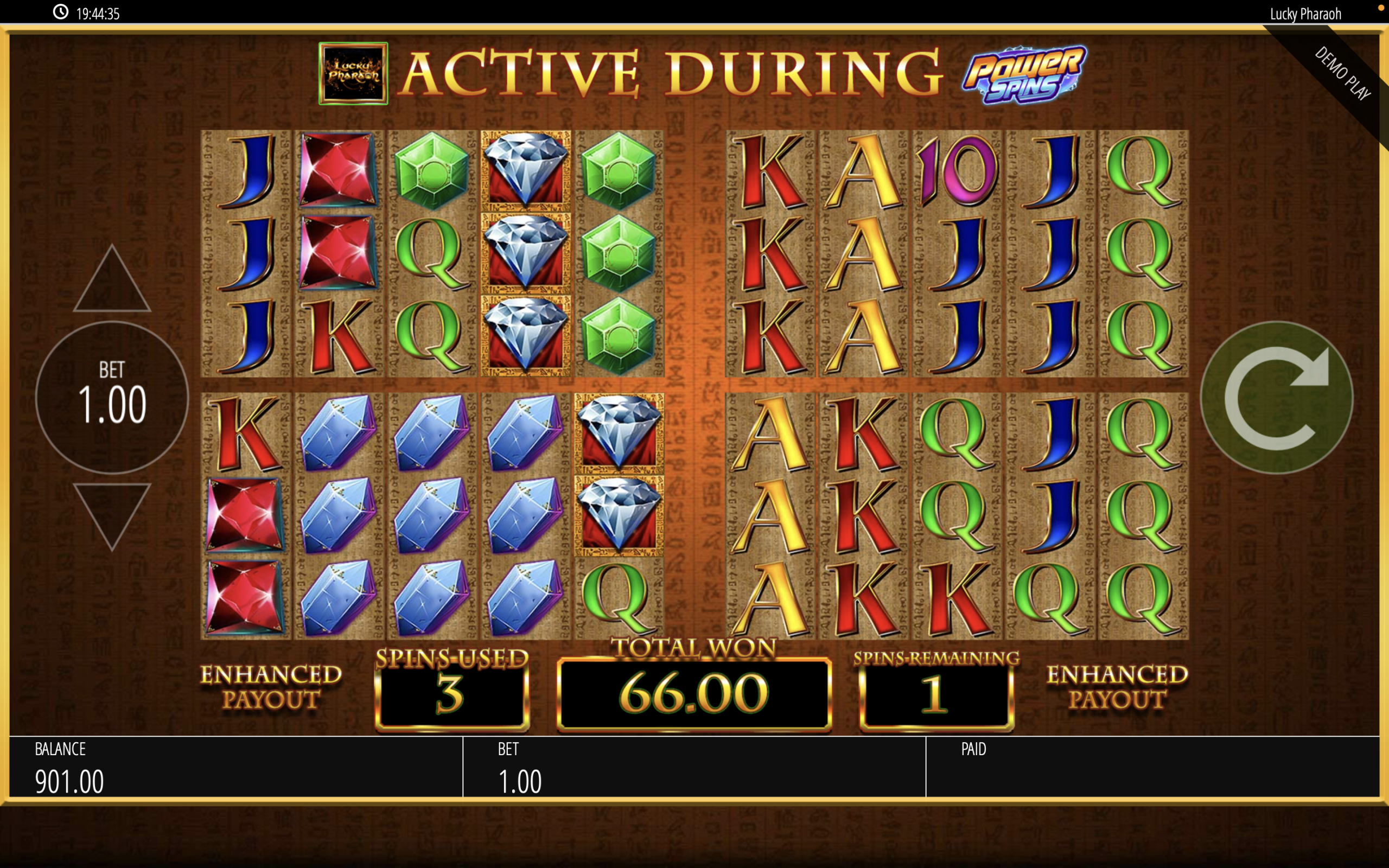 Power-Spin mit 3×3 blauen Edelsteinen, Gesamtgewinn 66 € bei Einsatz 8 €