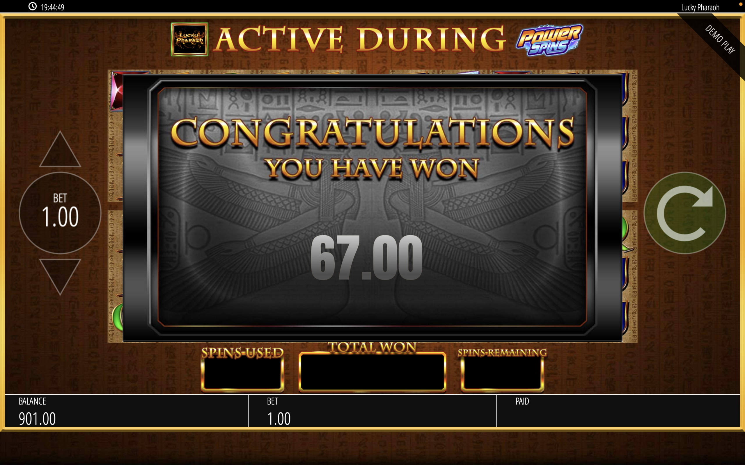 Power-Spin-Gewinnanzeige mit 67 € bei 1-€-Einsatz.